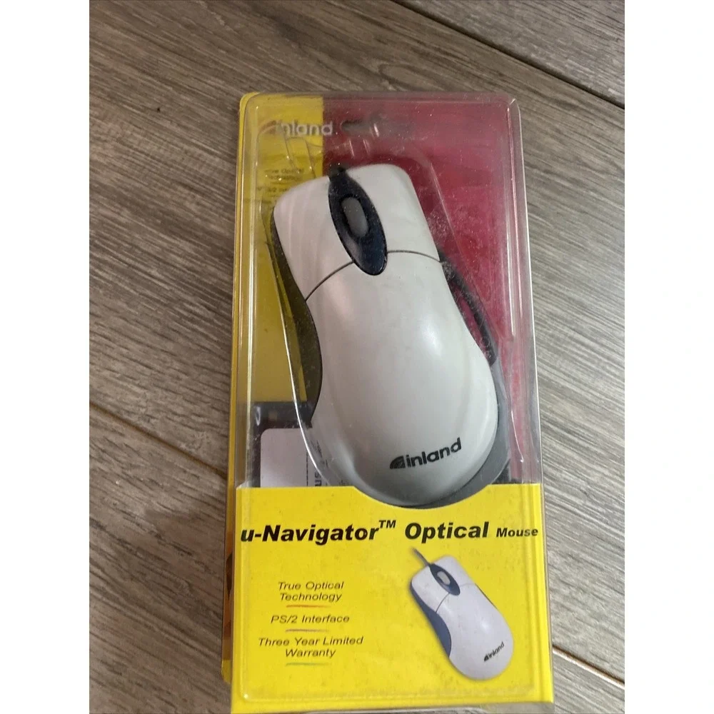 Inland u-Navigator Optical Mouse Vintage PS/2 Wired White Blue 07236 New Sealed